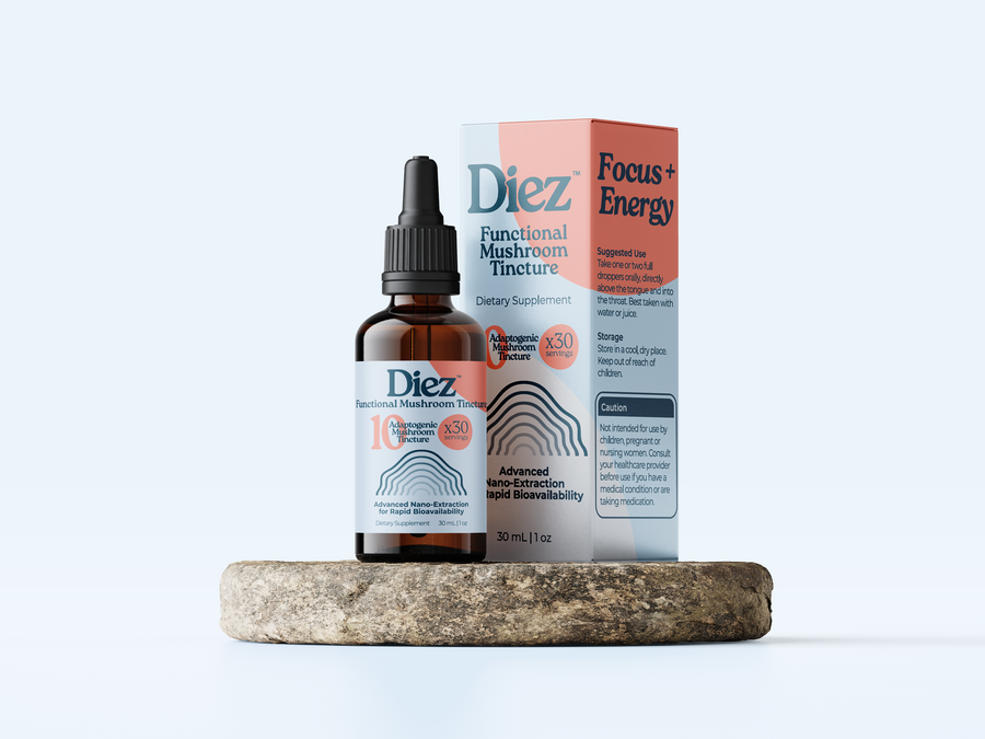 DIEZ mushroom tincture dropper bottle, daily ritual product photography