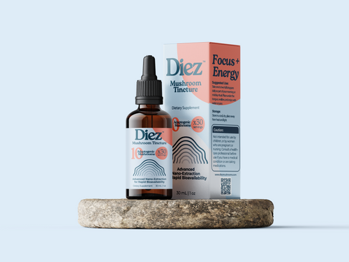 DIEZ ten-mushroom adaptogenic tincture dropper bottle and packaging box