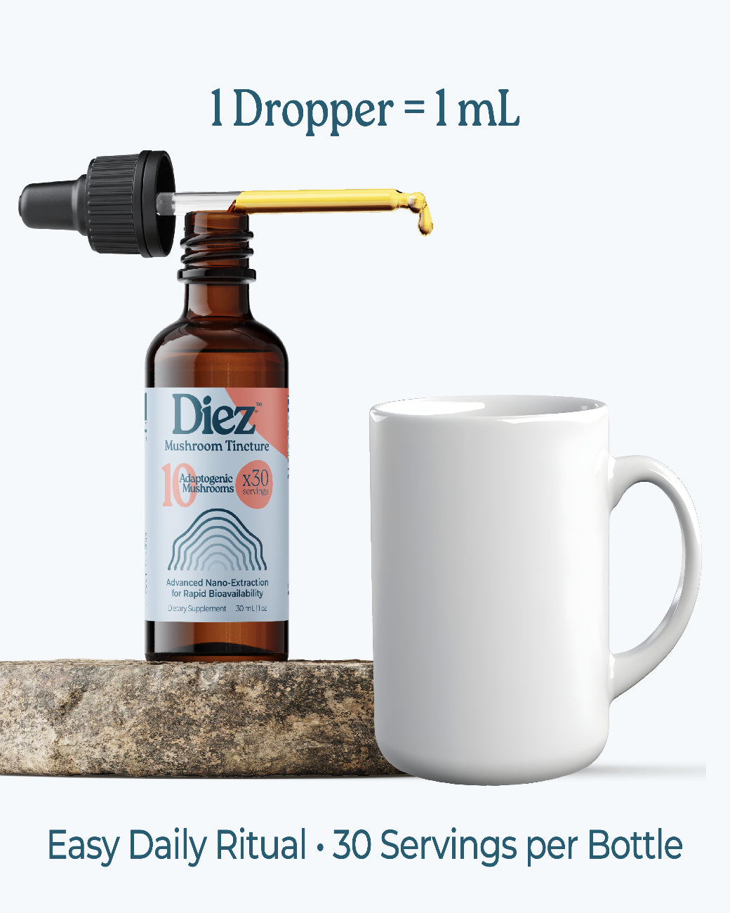 DIEZ mushroom tincture flat-lay composition